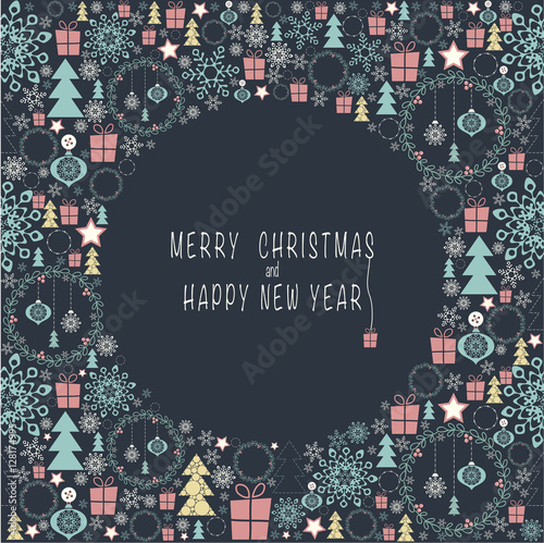 The cover design. Depicts the Christmas decorations and symbols of Christmas and New year. In the Central part of the circle of dark where the phrase merry Christmas and a happy New year and gift box.