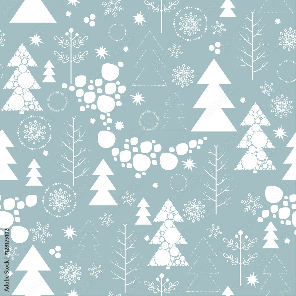 Seamless background on Merry Christmas and new year. The depicts a Christmas tree different design, tree, snowflakes and snow ball different size  on a blue background.
