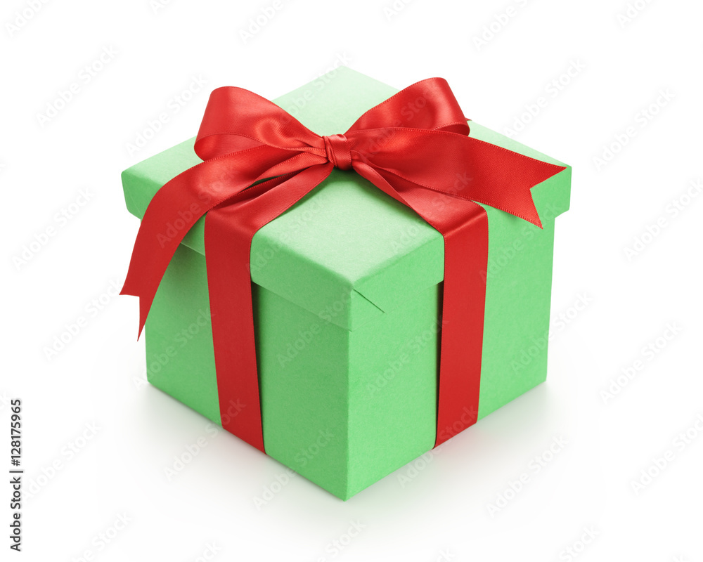 green gift box with red ribbon bow isolated on white background green gift box with red ribbon bow isolated on white background