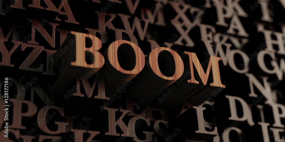Boom - Wooden 3D rendered letters/message.  Can be used for an online banner ad or a print postcard.