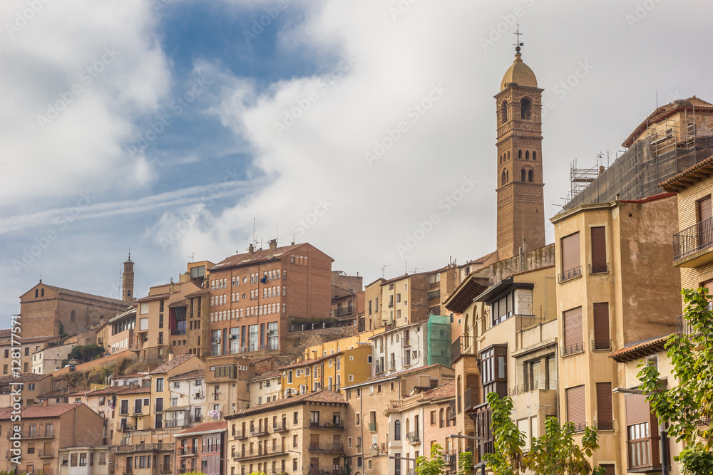 Houses and church tower on the hill in Tarazona
