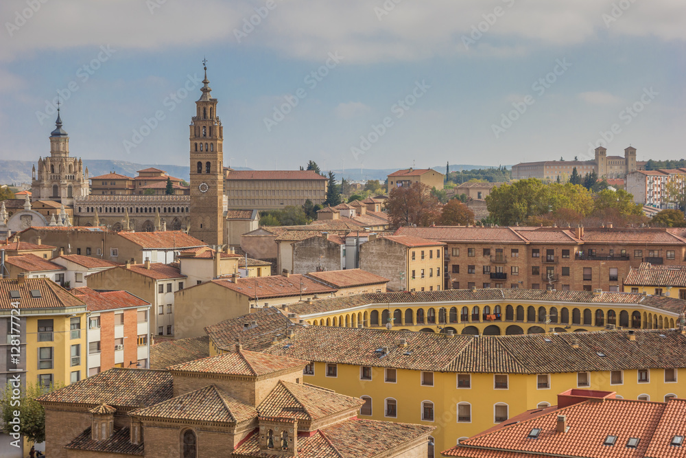 Cityscape with the cathedral and bullring of Tarazona