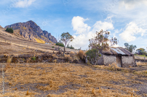 little house near the mountain in Ecuador , Landscape Quilotoa Volcano In South America photo