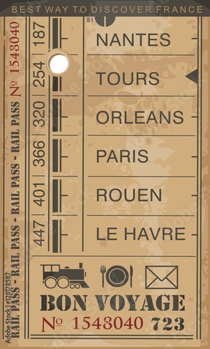 Train ticket retro vector illustration with destinations in France