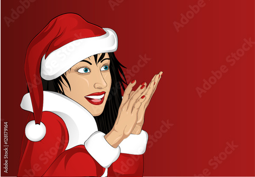Beautiful woman looking surprised and shows hands wow. Vector. 