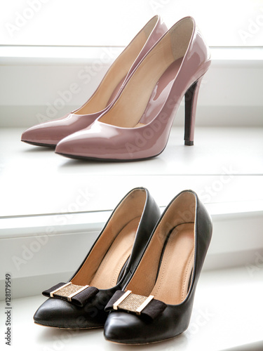  Pink pointy patent female heels at the upper part of the frame,