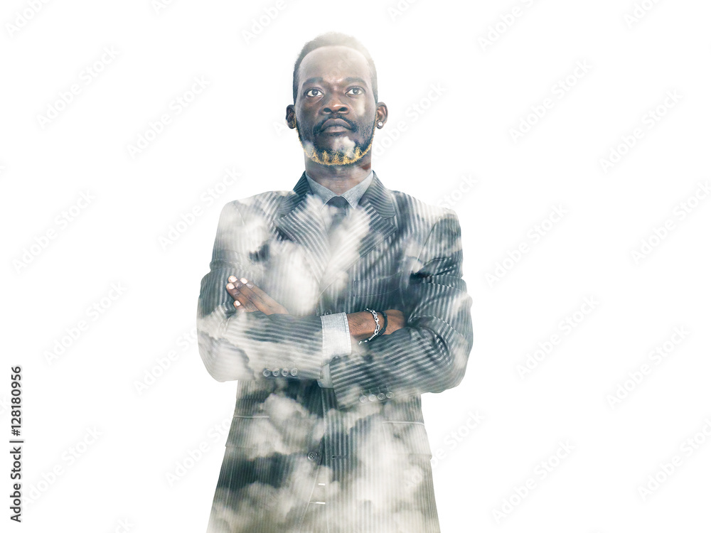Double exposure of businessman portrait and cloudscape