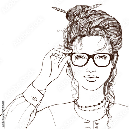 Beautiful smiling girl touching glasses on white background