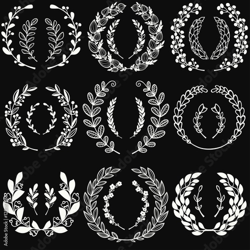 Set of handdrawn laurels and wreaths and floral brackets. Vector Illustration.