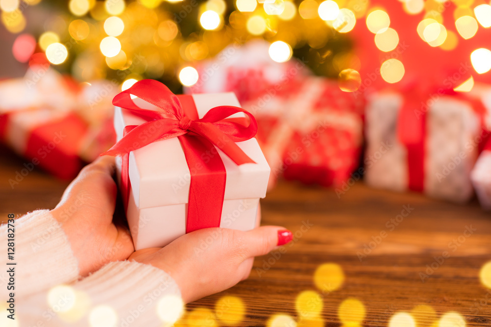 Detail of woman hands holding Christmas gift Detail of woman hands holding Christmas gift
