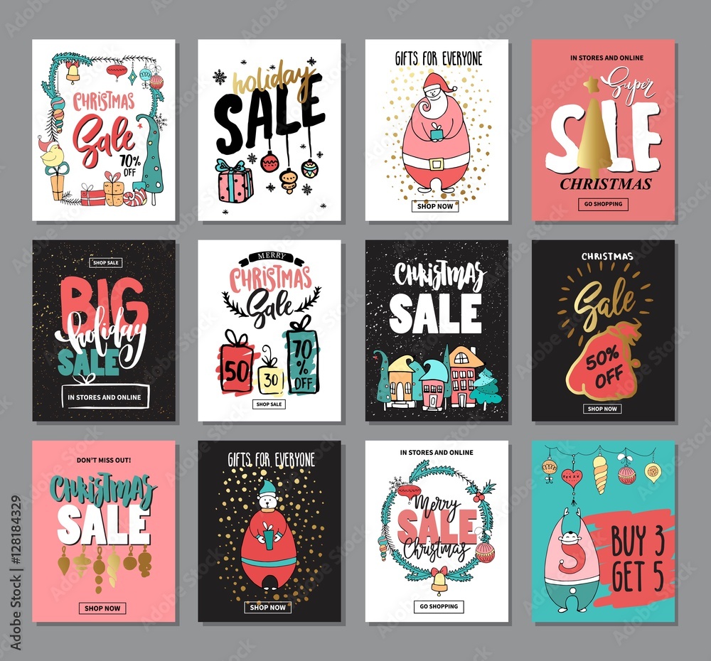 Set of creative sale holiday website banner templates. Christmas and New Year hand drawn illustrations for social media