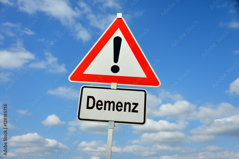 Demenz, Alzheimer, Hirnverfall, Alter, Alterung, Gehirn, Gedächtnis, Erinnerung, Neurologie, Schild, Warnung, symbolisch, Psyche, Orientierung, Denken, Syndrom