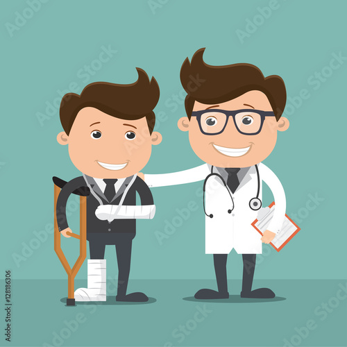 Injured Business man in crutches assisted by a doctor , Patient care - vector illustrator