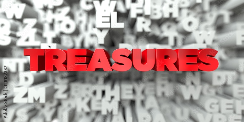 TREASURES - Red text on typography background - 3D rendered royalty free stock image. This image can be used for an online website banner ad or a print postcard. TREASURES - Red text on typography background - 3D rendered royalty free stock image. This image can be used for an online website banner ad or a print postcard.