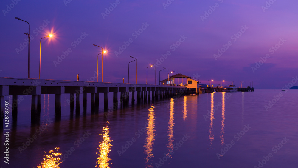 twilight landscape of pier on the sea.at sattahip beach,Chonburi,Thailand.