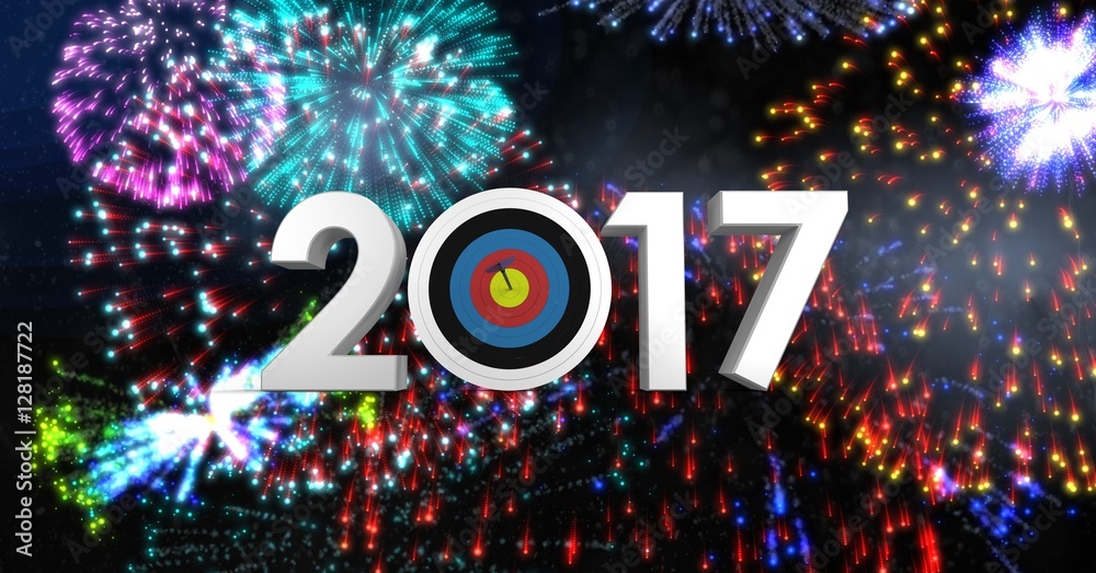 Darts target as 2017 against composite image of fireworks - obrazy, fototapety, plakaty 
