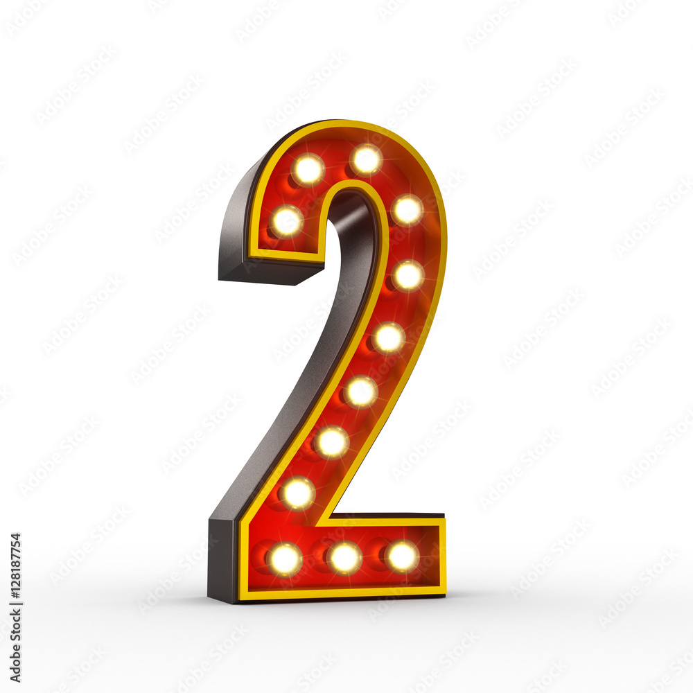High quality 3D illustration of the number two in vintage style with light bulbs illuminating it. Clipping path inclluded. High quality 3D illustration of the number two in vintage style with light bulbs illuminating it. Clipping path inclluded.