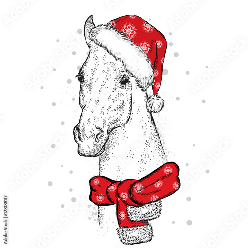 Beautiful horse in a Christmas hat and scarf. Vector illustration for a card or poster. Santa Claus. New Year's and Christmas.