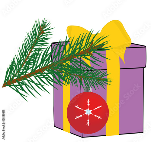 Christmas composition. tree toy and gift. vector illustration.