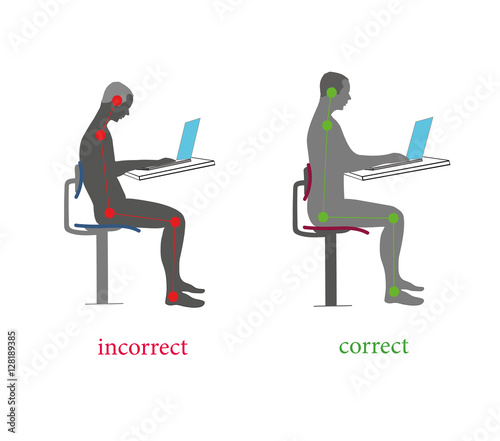 Correct health body posture while sitting for the computer (laptop). Vector illustration