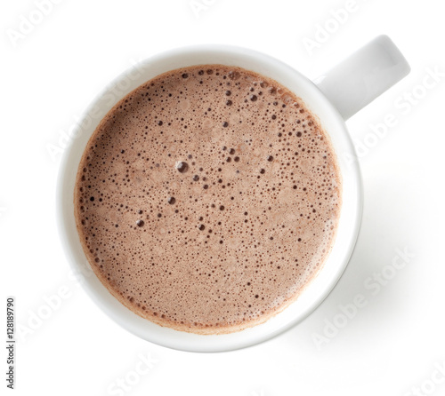 Cocoa drink in white mug isolated on white, from above