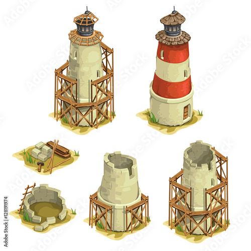 Stages of construction brick lighthouse. Vector