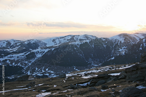 Sunset view over Carpathian Mountains plateau