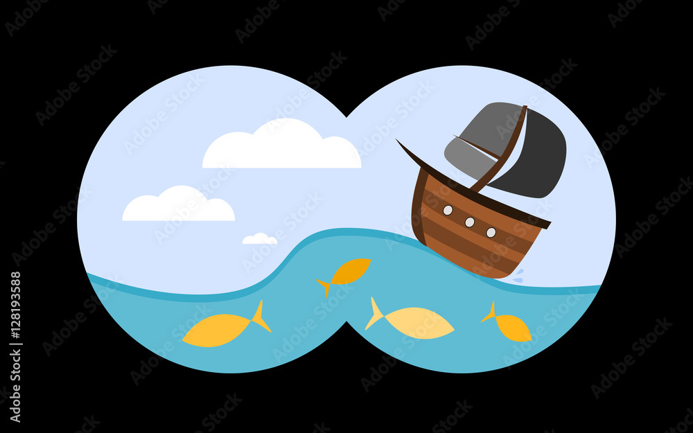 Fototapeta premium View through binoculars to the sea. Vector illustration in childish cartoon style.