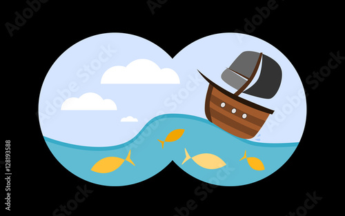 View through binoculars to the sea. Vector illustration in childish cartoon style.