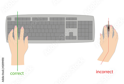the correct position of the hands to work on the keyboard and mouse. vector illustration.