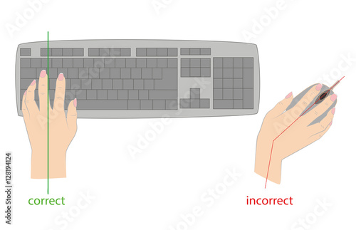the correct position of the hands to work on the keyboard and mouse. vector illustration.