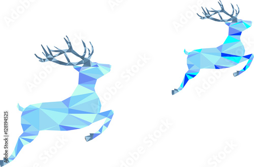 Couple of two blue deers are running and flying. Triangle, geometry 