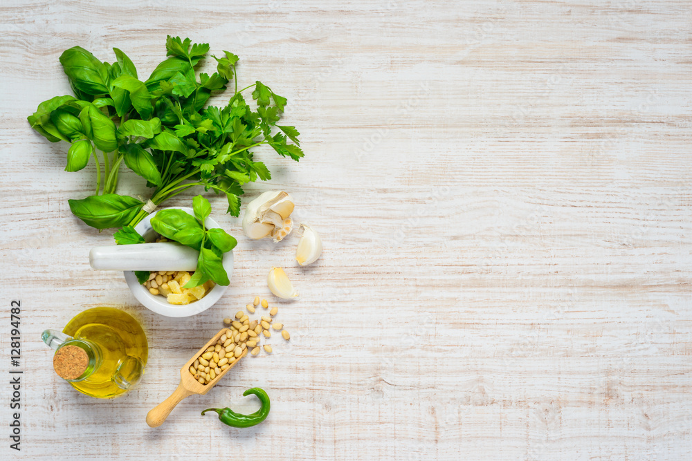Fresh Green Herbs and Pine nuts with Copy Space Area Fresh Green Herbs and Pine nuts with Copy Space Area