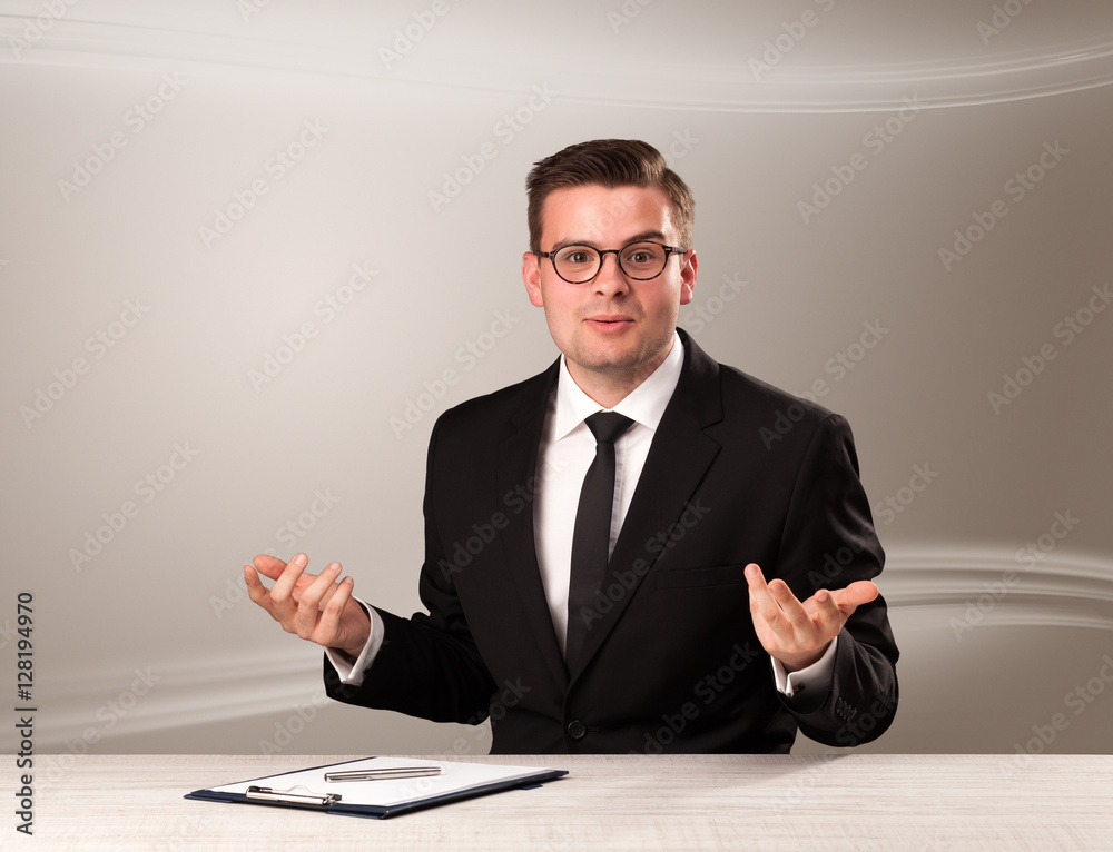 Televison host in live show with blank background Televison host in live show with blank background