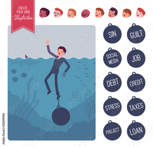 Businessman drowning with a weight creation set