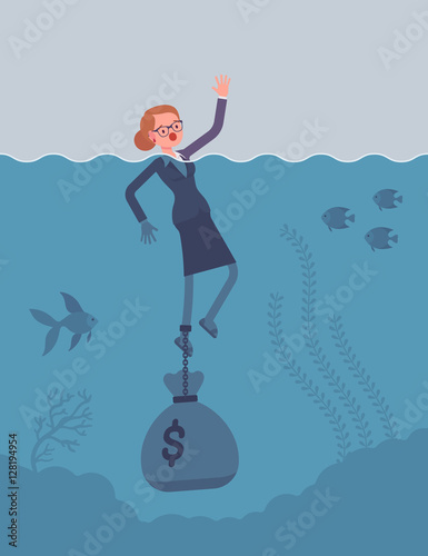 Businesswoman drowning chained with a dollar sack