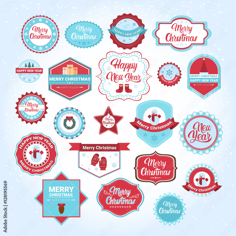 Happy New Year Merry Christmas Greeting Card Decoration Laber Web Icon Set Flat Vector Illustration Happy New Year Merry Christmas Greeting Card Decoration Laber Web Icon Set Flat Vector Illustration