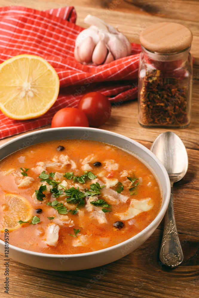 Fish soup with tomatoes and garlic (aljotta). Fish soup with tomatoes and garlic (aljotta).