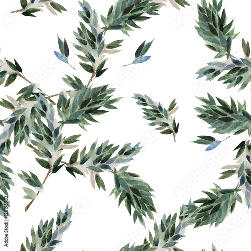 Seamless pattern of green branch on a white background, watercol