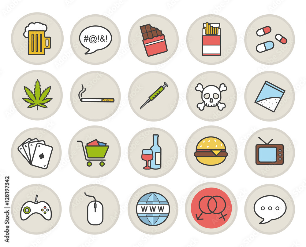 Addictions and bad habits color icons set Addictions and bad habits color icons set