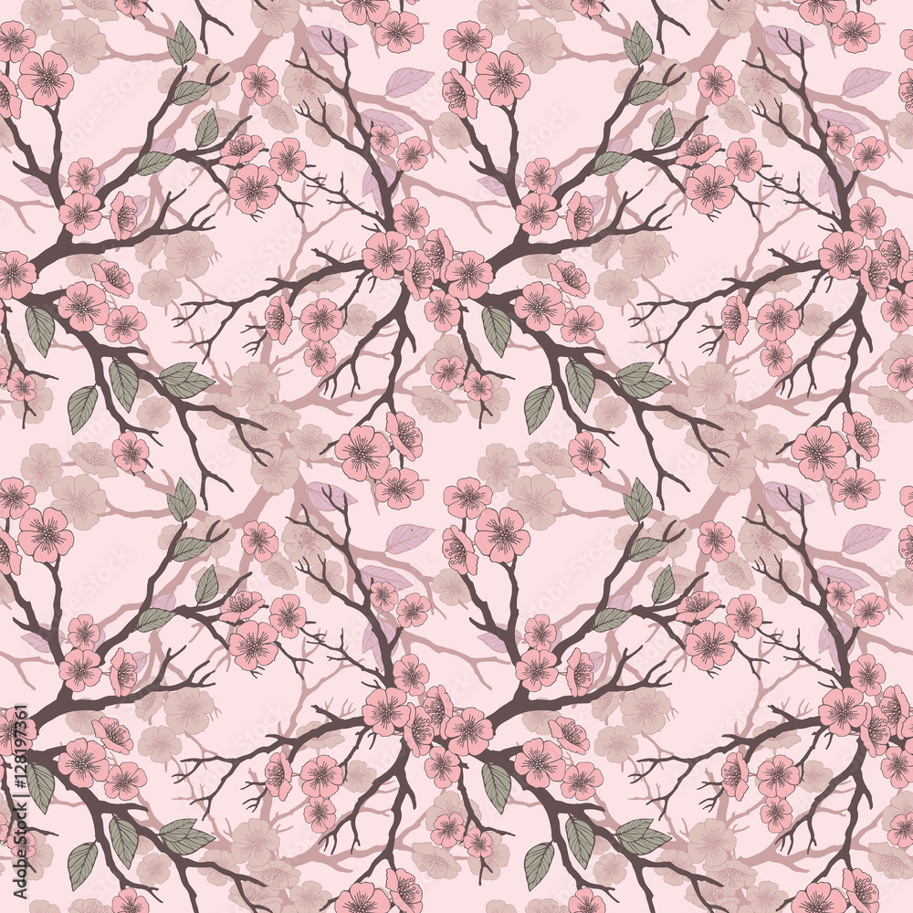 Vector seamless background with sakura blossoms and folliage. Black white eps outlined illustration.