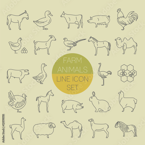 Farm animal thin line collection. 25 icon set. Flat design