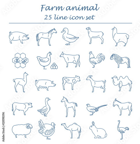 Farm animal thin line collection. 25 icon set. Flat design