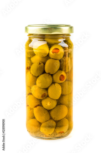 Green olives stuffed with pimiento isolated on white background