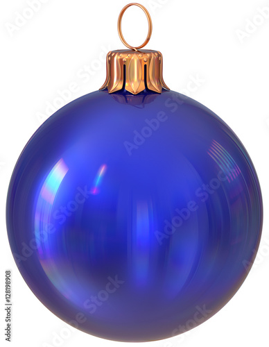Christmas ball New Year's Eve bauble blue decoration shiny wintertime hanging adornment sphere souvenir. Traditional ornament happy winter holidays Merry Xmas symbol closeup. 3d illustration isolated