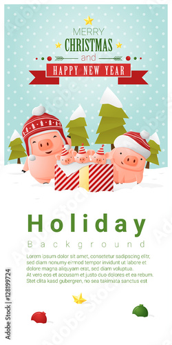 Merry Christmas and Happy New Year background with pig family , vector , illustration