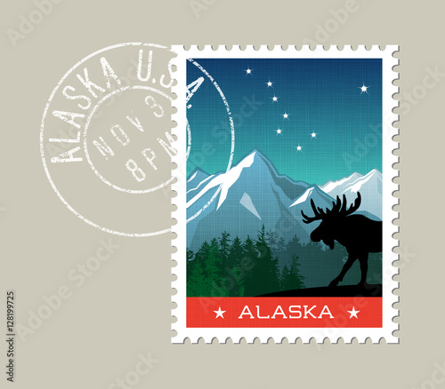 Alaska postage stamp design. Detailed vector illustration of scenic mountain landscape with grunge postmark on separate layer