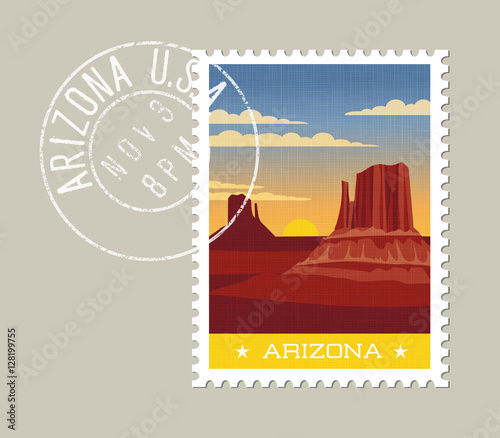 Arizona postage stamp design. Detailed vector illustration of scenic desert landscape with grunge postmark on separate layer