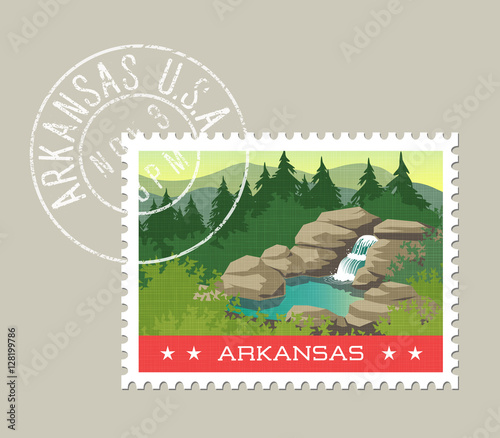 Arkansas, postage stamp design. Detailed vector illustration of waterfall and hot spring. Grunge postmark on separate layer