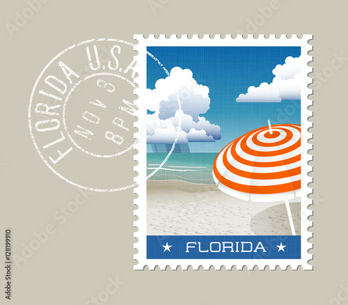 Florida postage stamp design. Detailed vector illustration of scenic beach. Grunge postmark on separate layer